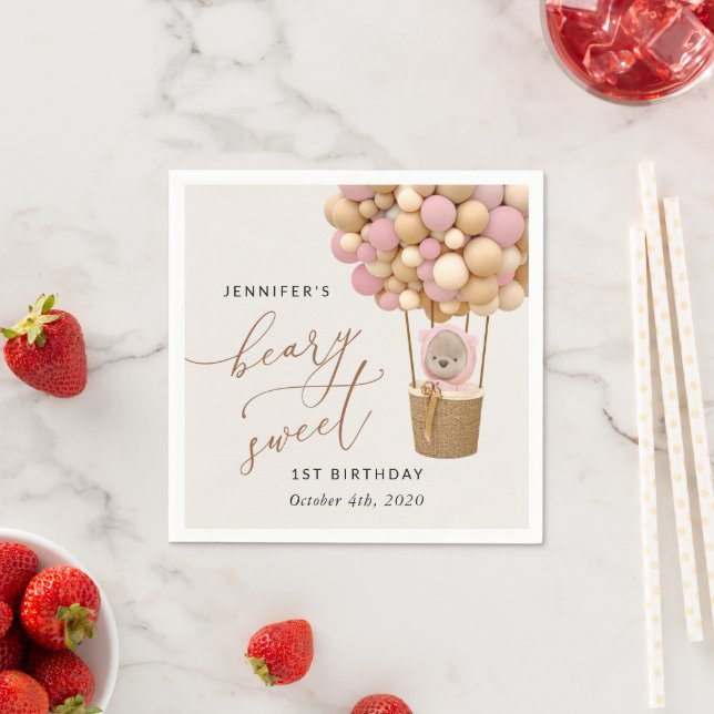 Serviette En Papier Ours mignon, Ballons roses, Premier Anniversaire (En situation)
