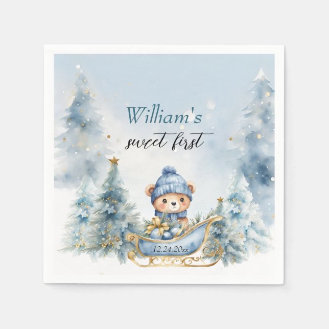 Serviette En Papier Ours Noël un premier anniversaire hiver (Devant)