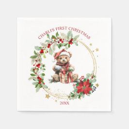 Serviette En Papier Ours Poinsettia Foliage Baby's First Christmas