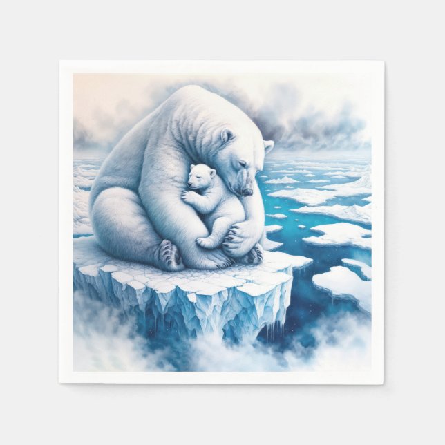 Serviette En Papier Ours polaire avec son petit sur un glacier (Devant)