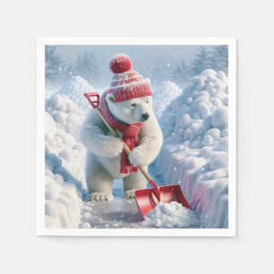 Serviette En Papier Ours polaire de Noël avec pelle rouge