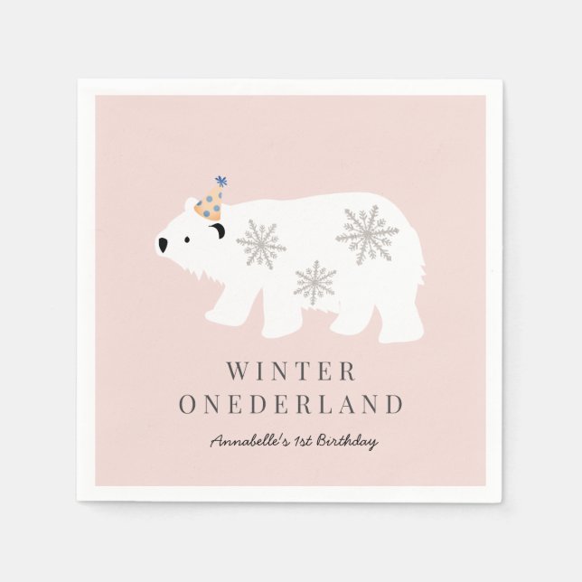 Serviette En Papier Ours polaire Hiver Onederland rose 1er anniversair (Devant)