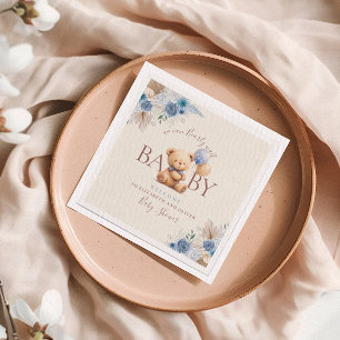 Serviette En Papier Ours Teddy Mignonne Deux Ballons Fleurs Bleues