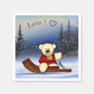 Serviette En Papier Ourson sur une luge dans la neige