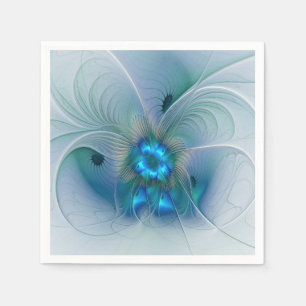 Serviette En Papier Ovations debout, fractale bleue turquoise abstrait