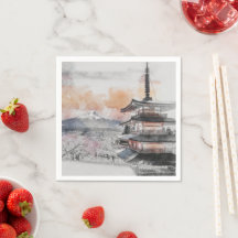 Pagode japonaise aquarelle & Mont Fuji Paysage
