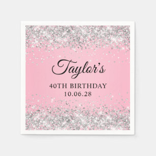 Serviette En Papier Pailleté Argent Ombré Rose 40e Anniversaire
