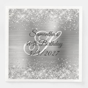 Serviette En Papier Pailleté Argent Paillettes et Feuille 40e Annivers
