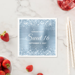 Serviette En Papier Pailleté Bleu Clair Feuille Sweet 16