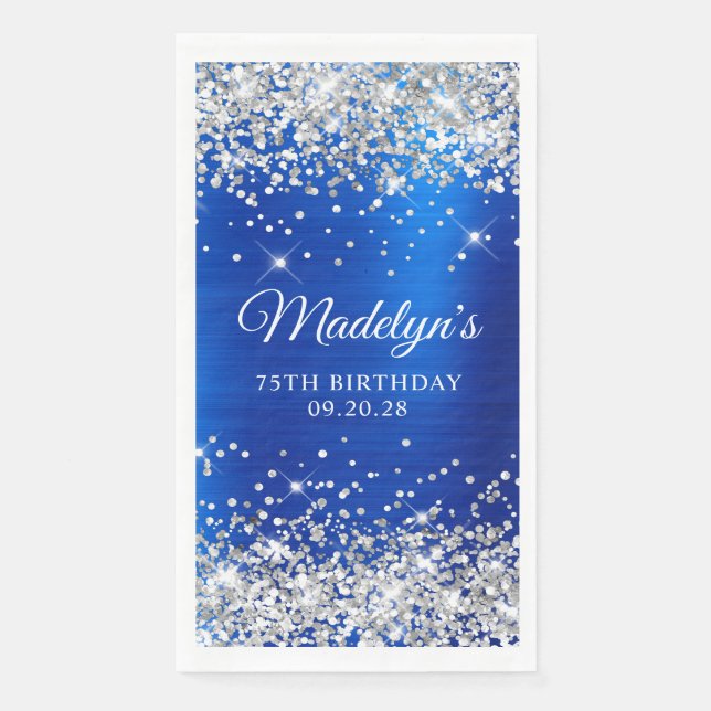 Serviette En Papier Paillettes Argentées Bleu Royal Feuille 75e Annive (Devant)