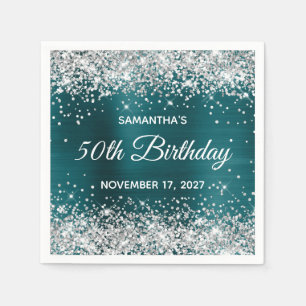 Serviette En Papier Paillettes Argentées Bleu Ténèbres Clair Anniversa