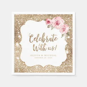 Serviette En Papier Paillettes dorées florales roses célèbrent avec no