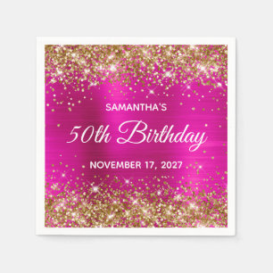 Serviette En Papier Paillettes dorées rose chaud pour 50e anniversaire