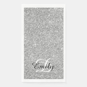 Serviette En Papier Paillettes Gris Argent Monogramme Noir et Blanc