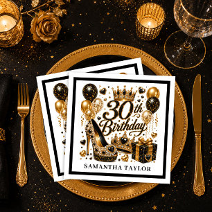 Serviette En Papier Paillettes Luxe Or Et Noir Vaisselle Anniversaire 