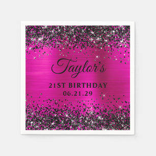 Serviette En Papier Paillettes noires rose chaud Feuille 21e anniversa