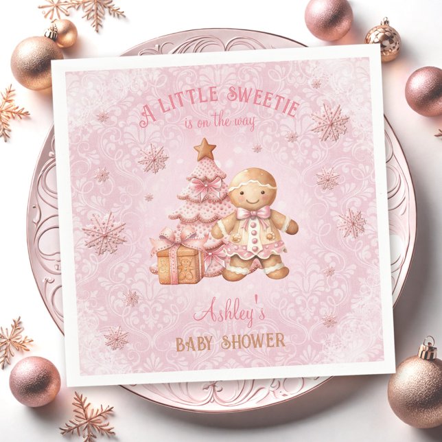 Serviette En Papier Pain d'épices Homme Fille Baby shower de Noël rose (Gingerbread Man Girl Pink Christmas Baby Shower Napkins)