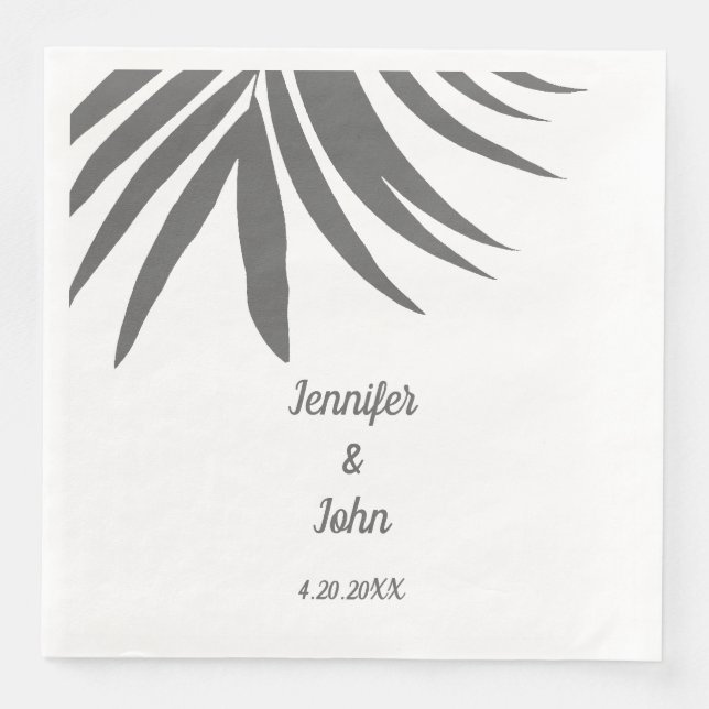 Serviette En Papier Palm Feuille gris blanc Personnalisé Mariage tropi (Devant)