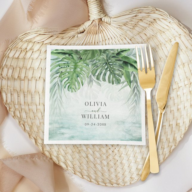 Serviette En Papier Palm Tropical Feuille Aquarelle Mariage vert (Créateur téléchargé)