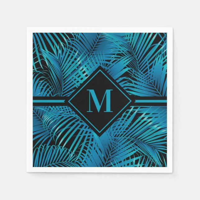 Serviette En Papier Palmes noires Turquoise Monogramme (Devant)