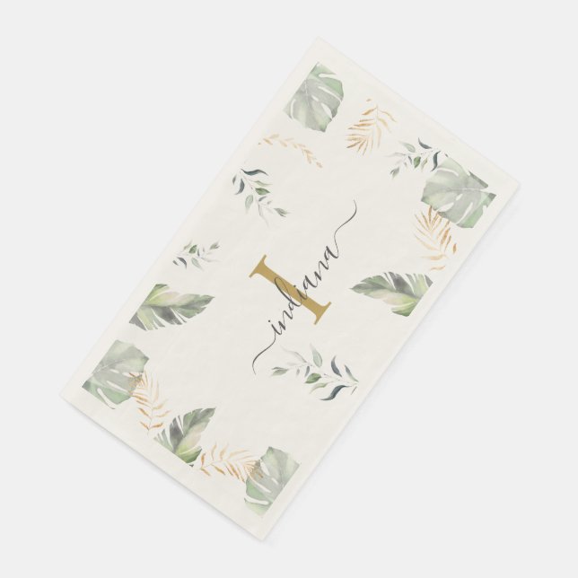 Serviette En Papier Palmier botanique Monogramme Nom Feuilles Vert Or (Coin)