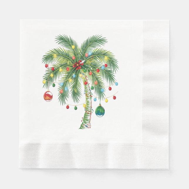 Serviette En Papier Palmier de Noël tropical avec lumières et ornam (Devant)