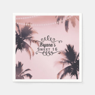 Serviette En Papier Palmier Tropical & Lumières Rose Plage de Rêve