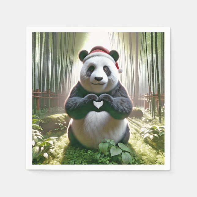 Serviette En Papier Panda de Noël en plein coeur (Devant)