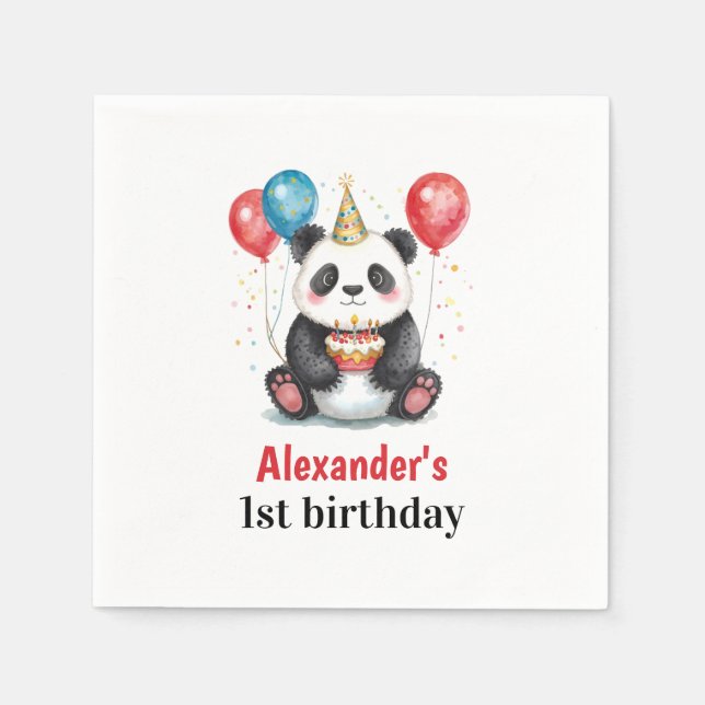 Serviette En Papier Panda mignonne avec ballons et gâteau 1er annivers (Devant)