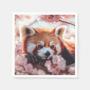 Serviette En Papier Panda Rouge Parmi Les Fleurs De Cerisiers