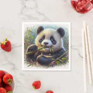 Serviette En Papier Panda roux adorable mangeant du bambou