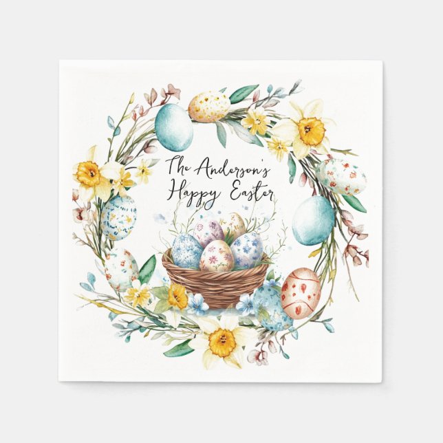 Serviette En Papier Panier avec oeufs et fleurs Pâques (Devant)