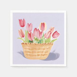 Serviette En Papier Panier de Tulipes   Peinture Aquarelle Florale