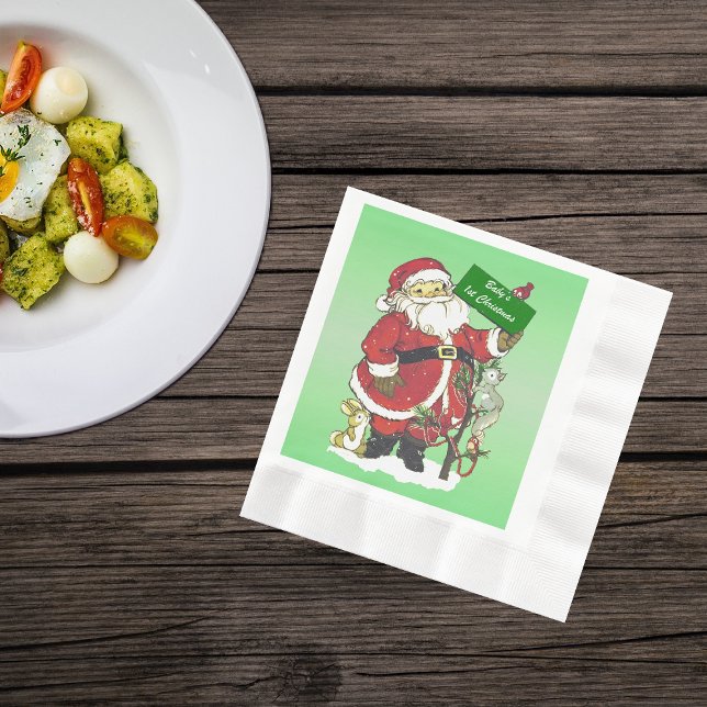 Serviette En Papier Panneau Père Noël de Noël du bébé (Cute Santa Clause with tree little forest animals in snow on green Christmas paper napkins.)
