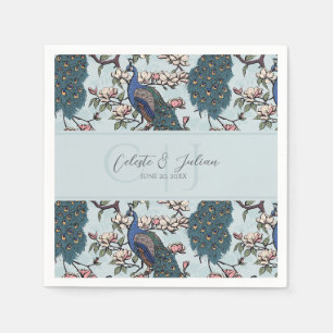 Serviette En Papier Paons Floraux & Magnolia Chinoiserie Bleu
