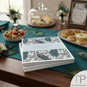Serviette En Papier Paons Floraux & Magnolia Chinoiserie Bleu