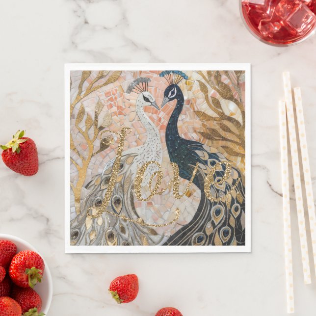 Serviette En Papier Paons Or Paillettes Amour Rouge Rose  (En situation)