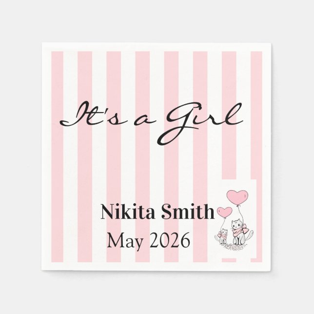 Serviette En Papier Paper Napkins Pink & White Stripe Cat (Devant)