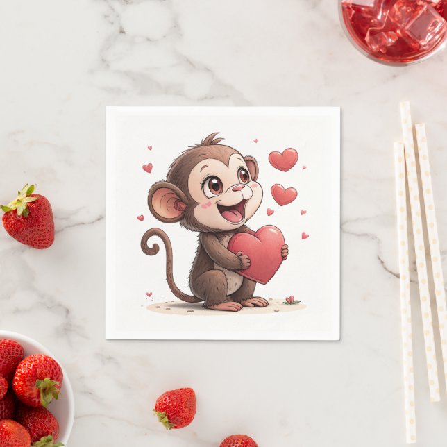 Serviette En Papier Paper Napkins Valentine's Day Monkey Red Hearts (En situation)