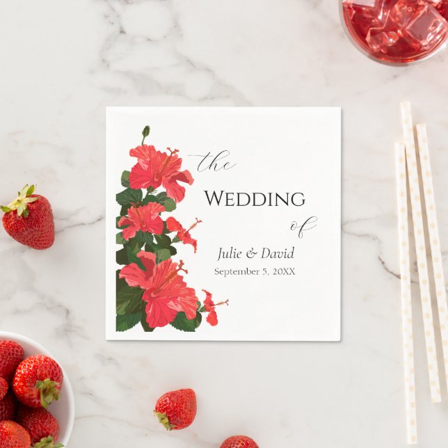 Serviette En Papier Papier à fleurs rouge brillant Hibiscus Napkin (En situation)