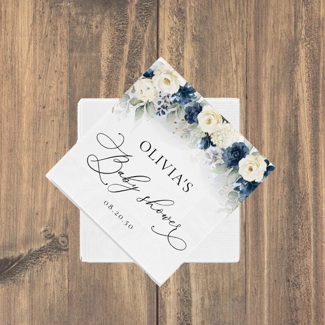 Serviette En Papier Papier Baby shower bleu marine et blanc Roses Napk (Créateur téléchargé)