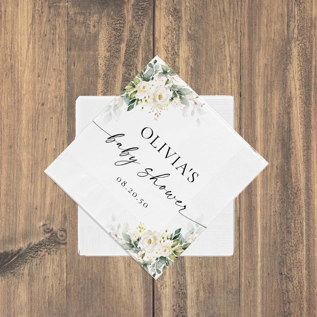 Serviette En Papier Papier Baby shower Floral Roses Blanches Napkin (Créateur téléchargé)