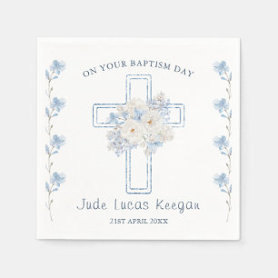 Serviette En Papier Papier Baptême croisé floral bleu Napkin