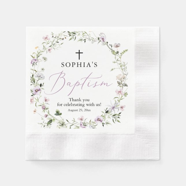 Serviette En Papier Papier Baptême Fleur sauvage violet Napkin (Devant)