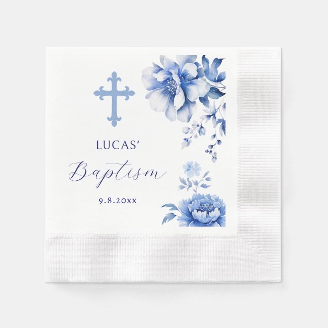 Serviette En Papier Papier Baptême Fleurs Bleues Napkin (Devant)