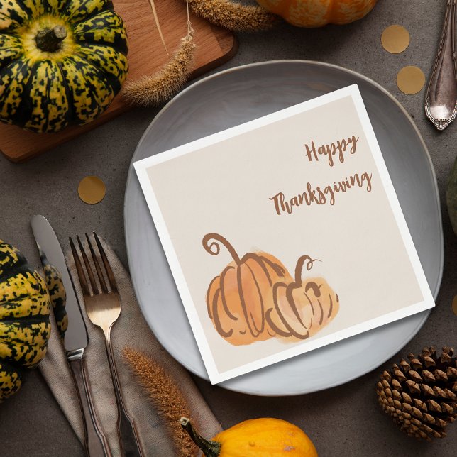 Serviette En Papier Papier Citrouille bon thanksgiving aquarelle (Happy Thanksgiving Watercolor Pumpkin Paper Napkin)