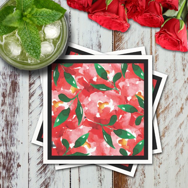 Serviette En Papier Papier Cocktail aux Roses Rouges (Red roses collage floral cocktail napkins)