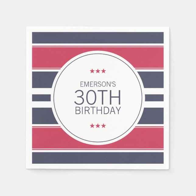 Serviette En Papier Papier d'anniversaire Preppy rouge, blanc et bleu  (Devant)