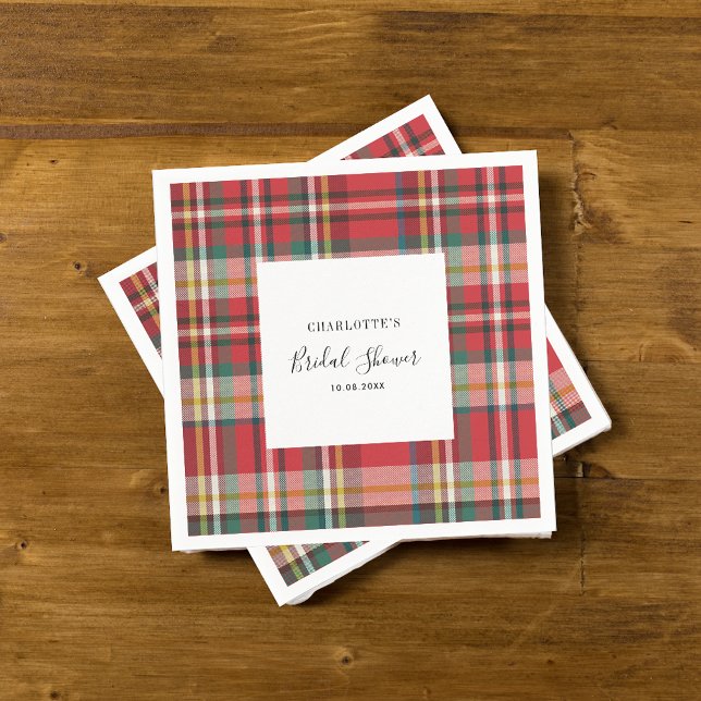 Serviette En Papier Papier de Fête des mariées Rustic Red Check (Plaid Script Bridal Shower Paper Napkin)