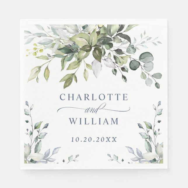 Serviette En Papier Papier de mariage élégant à l'aquarelle eucalyptus (Devant)